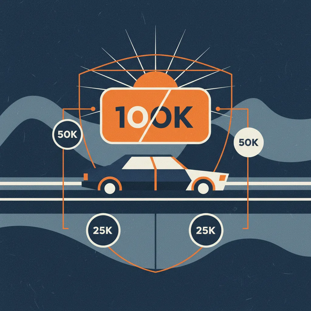 Modern car on highway with overlaid graphics illustrating different split auto insurance liability limits.