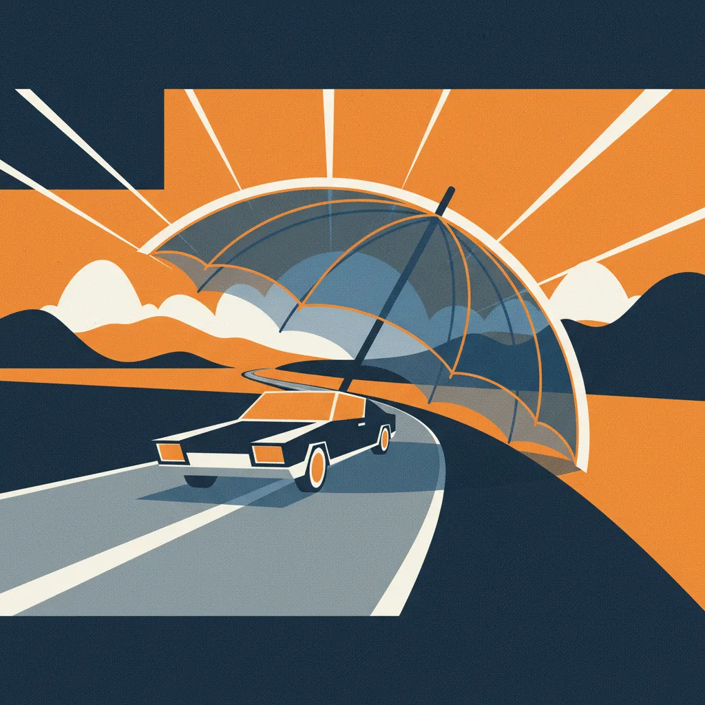 A modern car drives on a road under a translucent umbrella-shaped shield, symbolizing broad liability protection.
