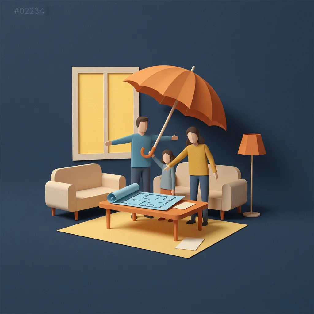 Family in a modern living room reviews a blueprint and documents, planning their future heirs.