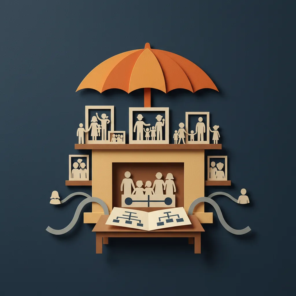 A cozy living room with family photos, an open blueprint on a coffee table symbolizing blended family planning.