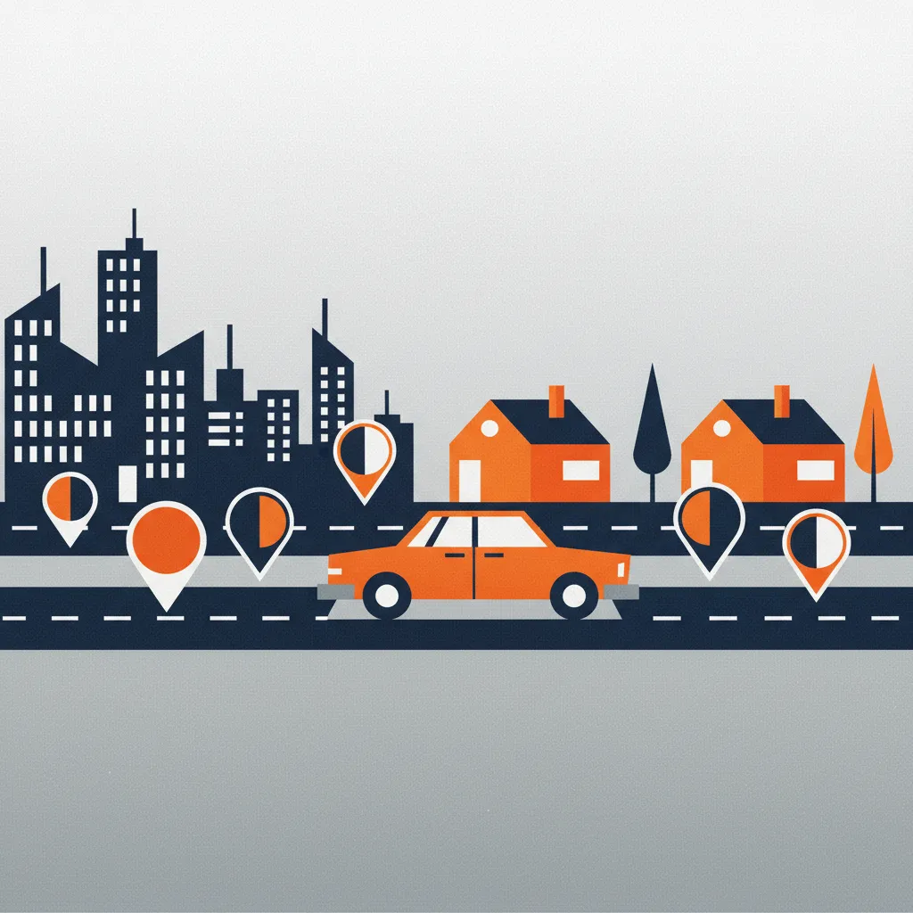 Car driving through urban and suburban areas with map markers, showing zip code's impact on auto insurance risk.