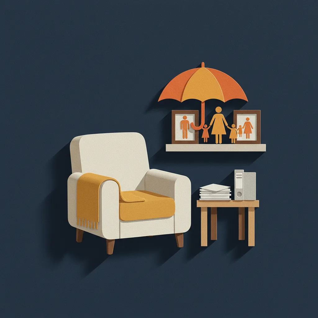 Warm living room with armchair, documents, and family photos, symbolizing a secure future for beneficiaries.