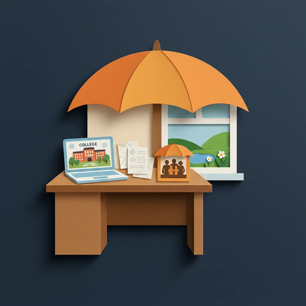 Desk in home office with laptop displaying college campus, financial documents, and family photo.