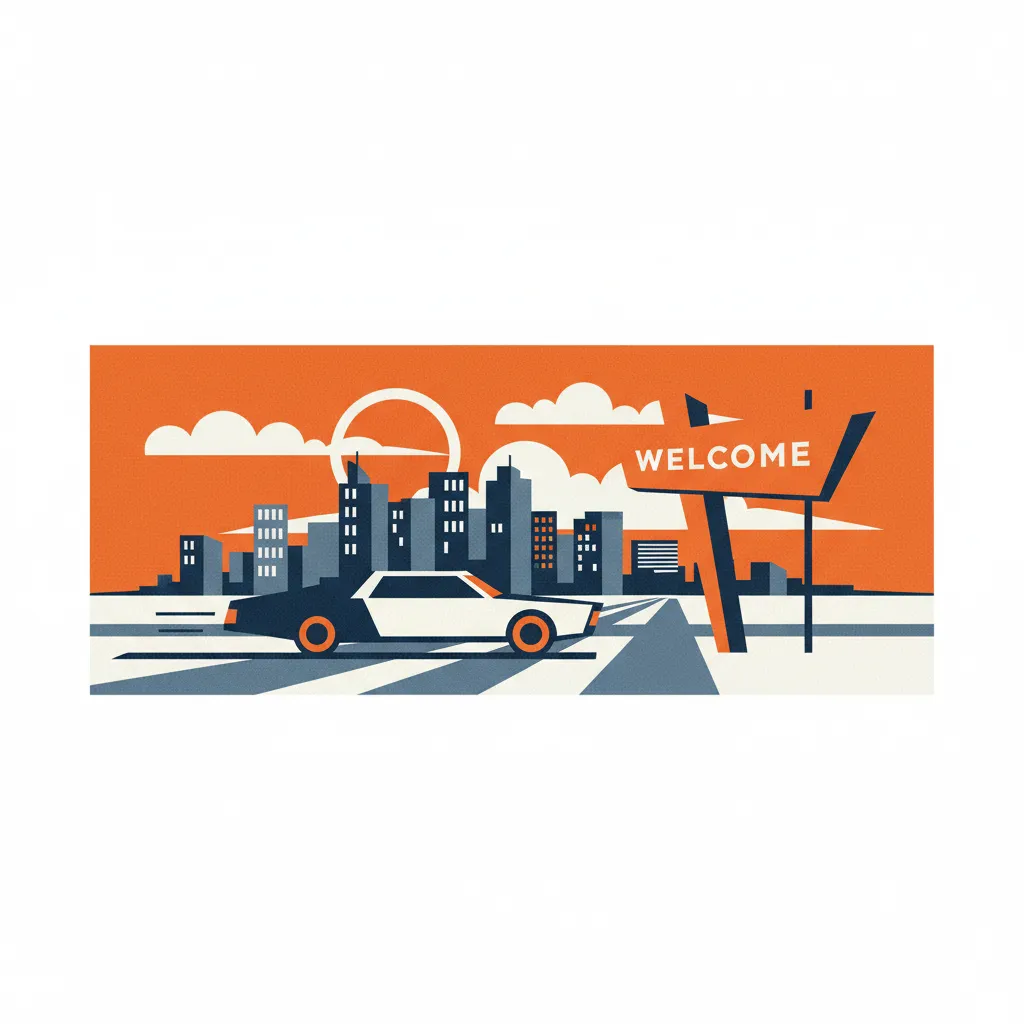 Modern sedan on highway passing a state welcome sign, cityscape in distance, symbolizing cross-state auto insurance.