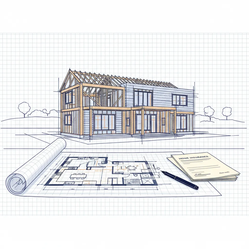 Newly constructed custom home, exposed framing, blueprint, and home insurance documents.