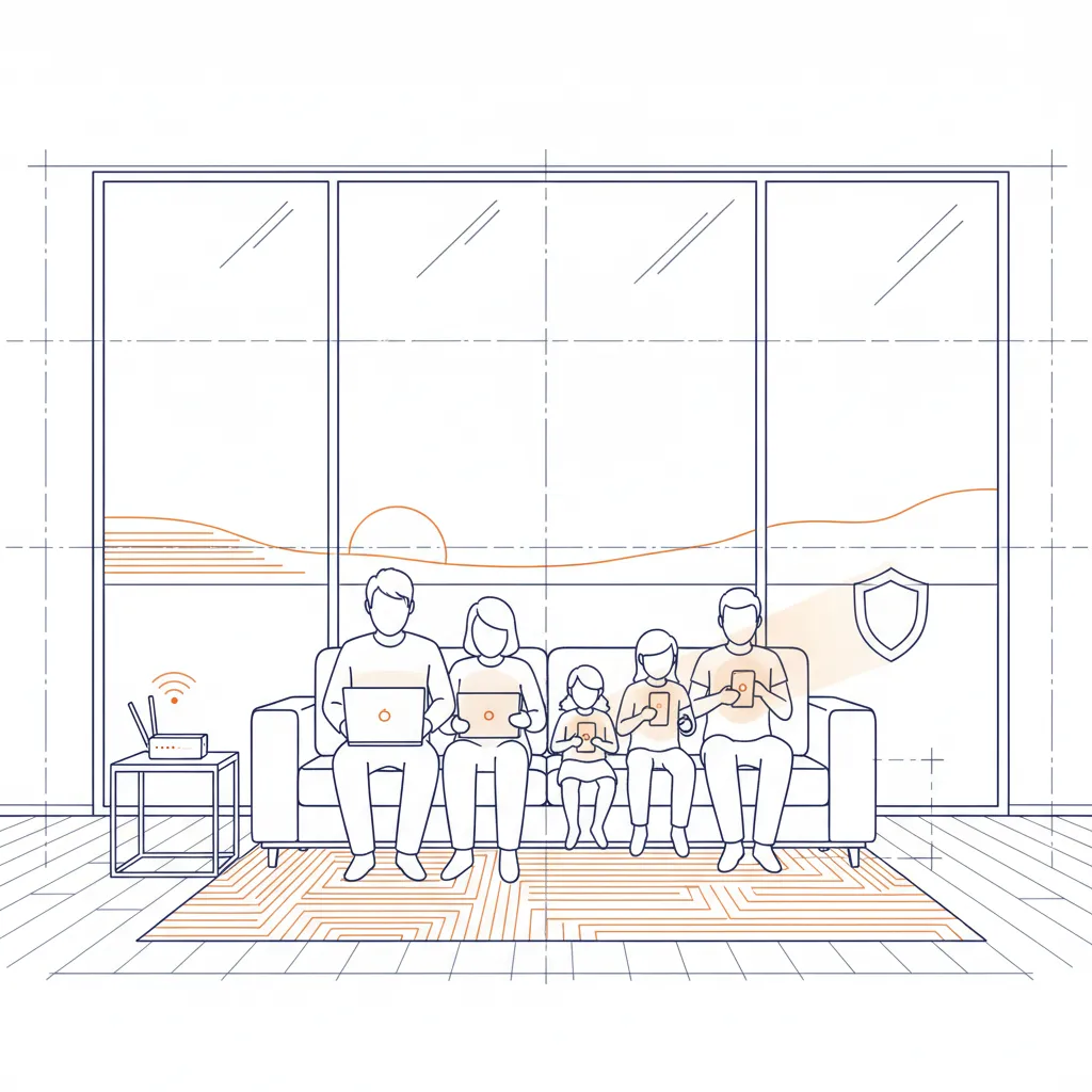Family using digital devices in their living room with a protective cyber shield overlay.