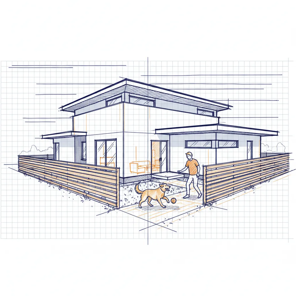 Suburban home with fenced yard, a golden retriever playing safely, illustrating home insurance liability.