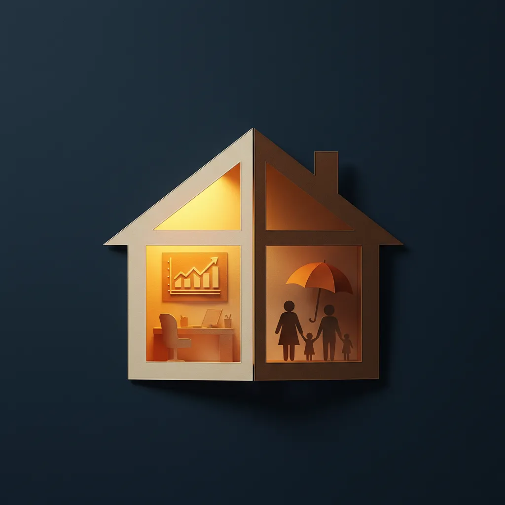 Modern home at twilight, one half active for business, the other a serene, protected family space.