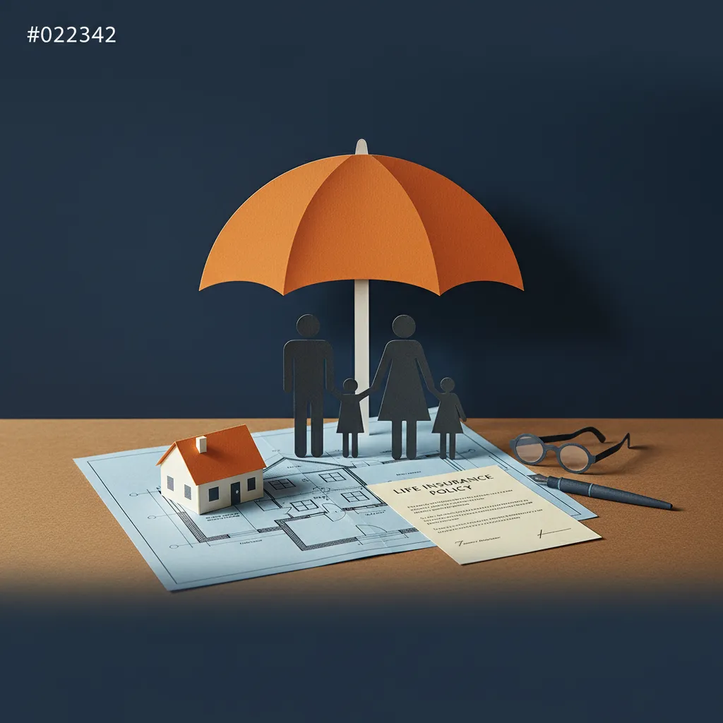 Detailed architectural blueprint, life insurance policy, and house model on a desk for estate planning.