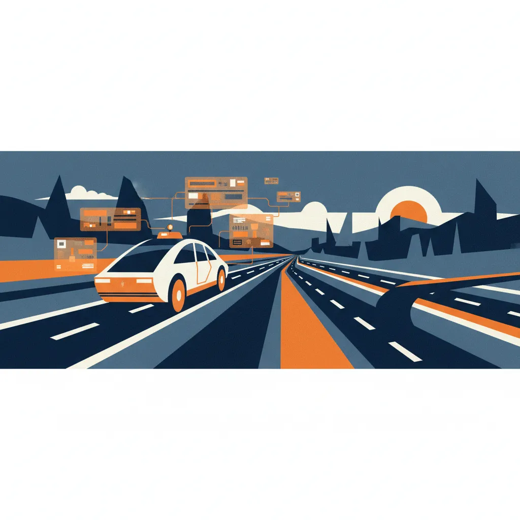 Autonomous EV on highway with digital overlays, showing auto insurance metrics and branching company choices.