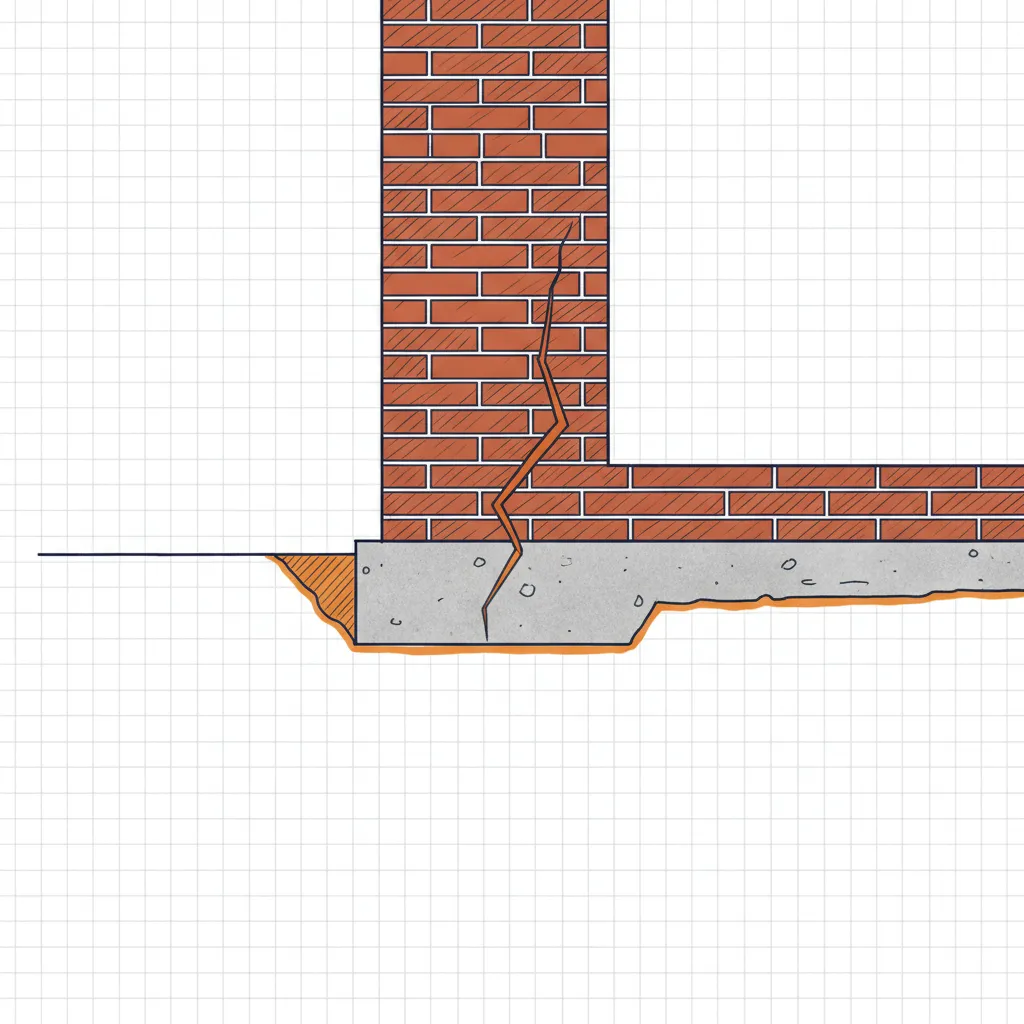 Close-up of a house foundation with a diagonal crack in the brickwork, showing structural damage.