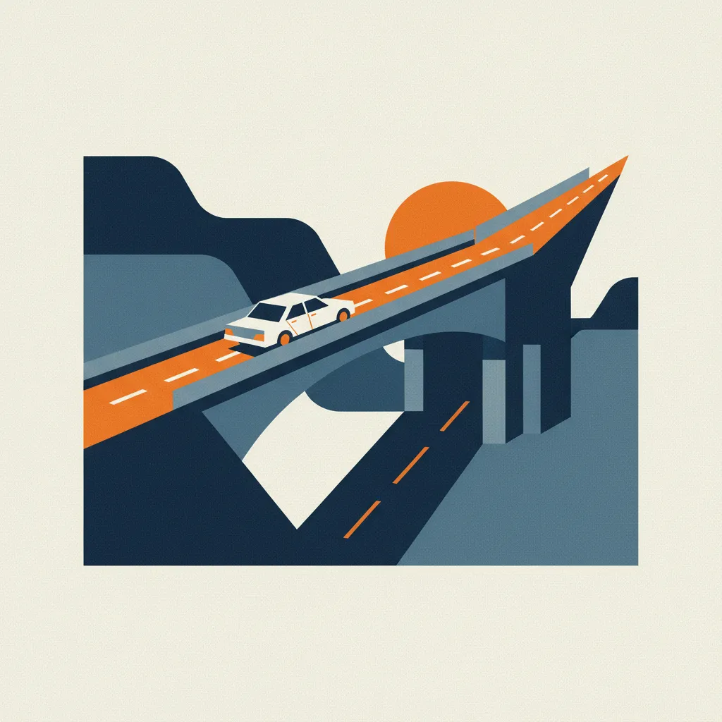 Modern car on a bridge, connecting a lower road (asset value) to a higher road (loan balance).