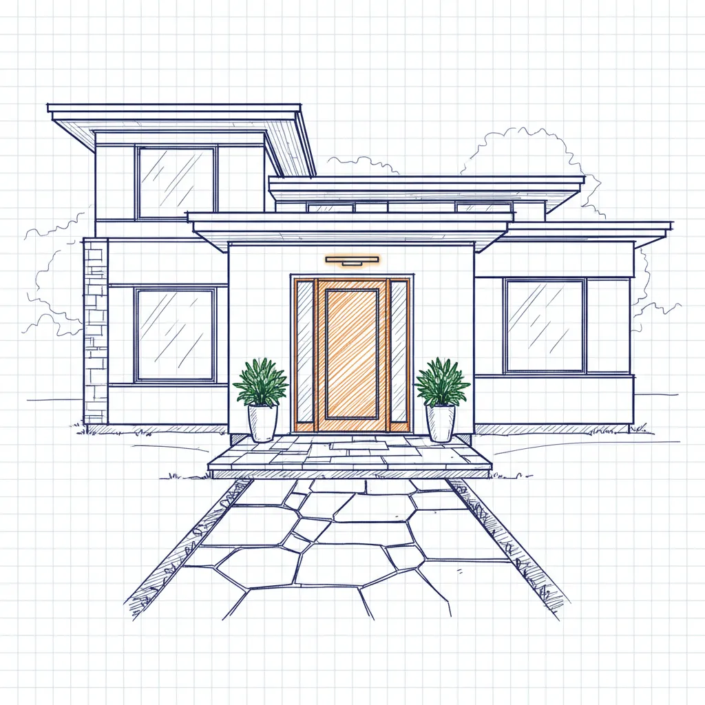 Inviting front entrance of a suburban home with a clear pathway and potted plants, symbolizing guest safety.