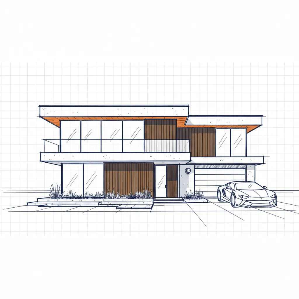 Modern two-story home with large windows, minimalist landscape, smart security camera, and luxury car.
