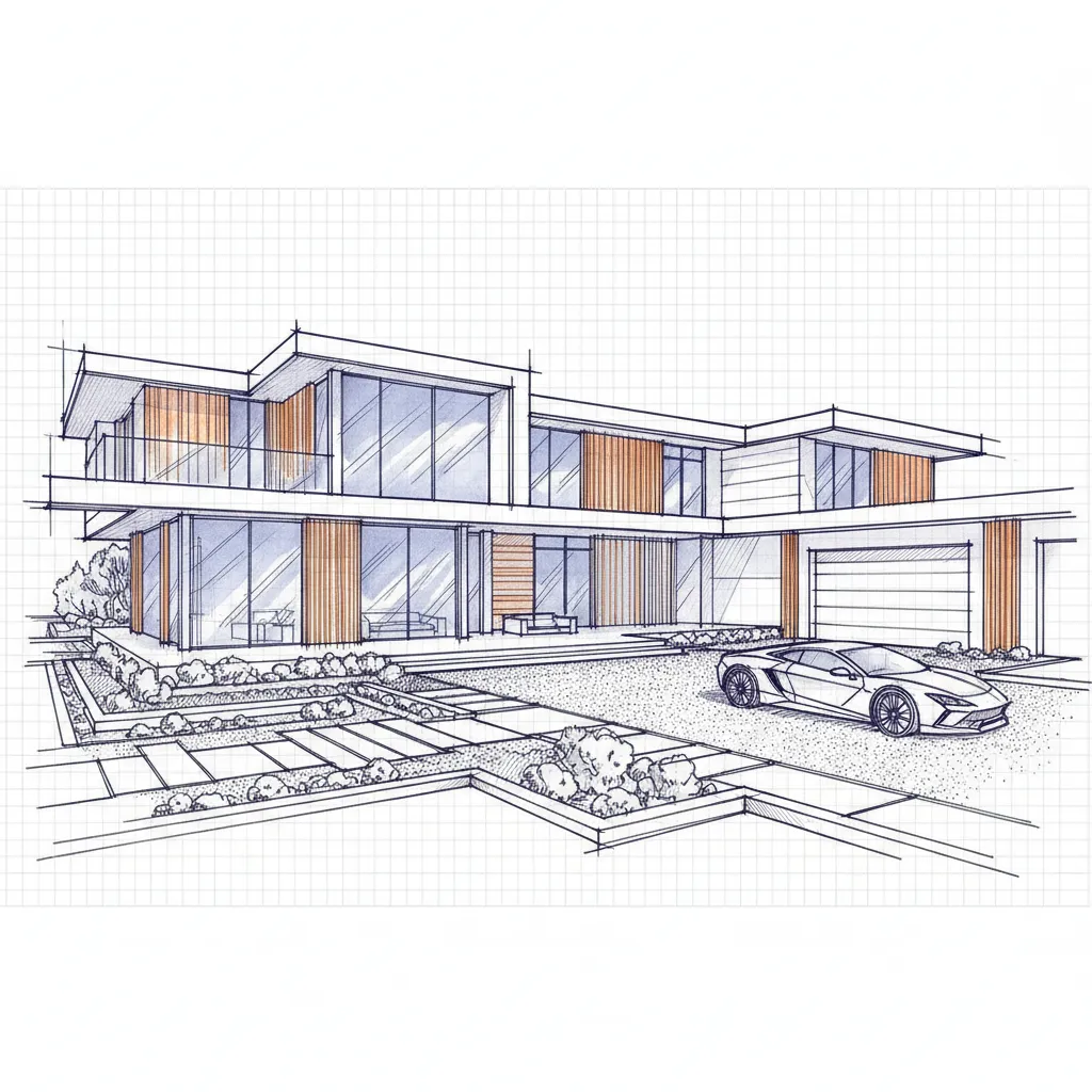 Modern luxury estate with high-end car, symbolizing integrated home, auto, and umbrella insurance.