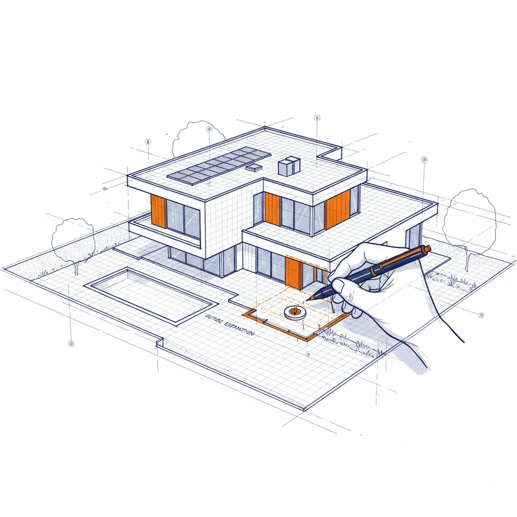 Modern home with a blueprint overlay, a hand pointing to details for strategic claims planning.