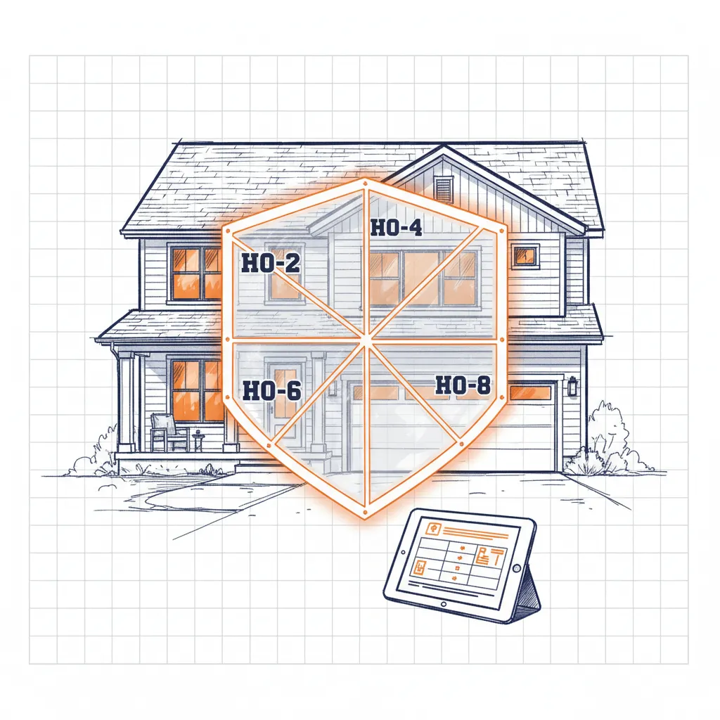 Modern home under a segmented shield showing HO-1 to HO-8 insurance types, with a tablet displaying policy details.