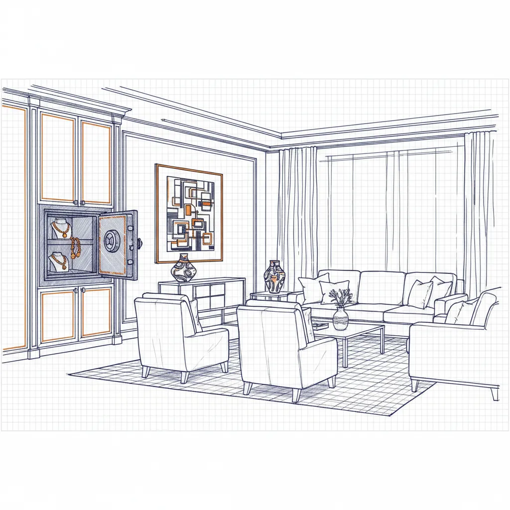 Elegant living room with a discreetly integrated safe, valuable art, and glimmering jewelry.