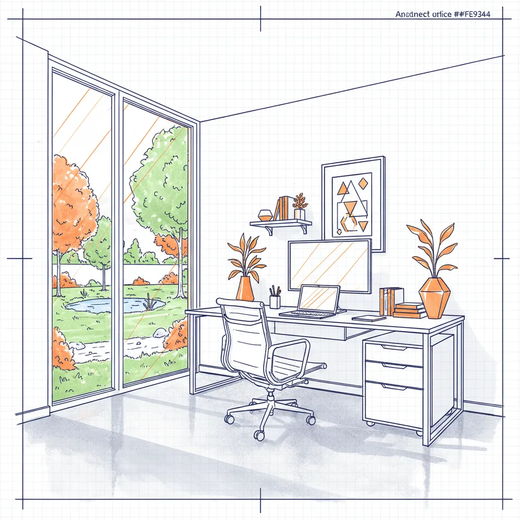 Modern home office with laptop, monitor, and ergonomic chair in a bright residential setting.
