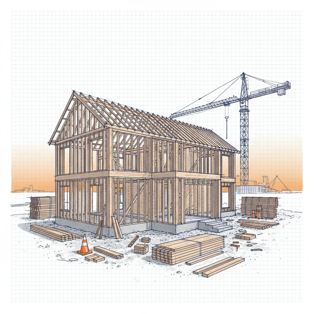 Partially rebuilt home frame rising from a foundation, construction workers nearby, symbolizing recovery after disaster.