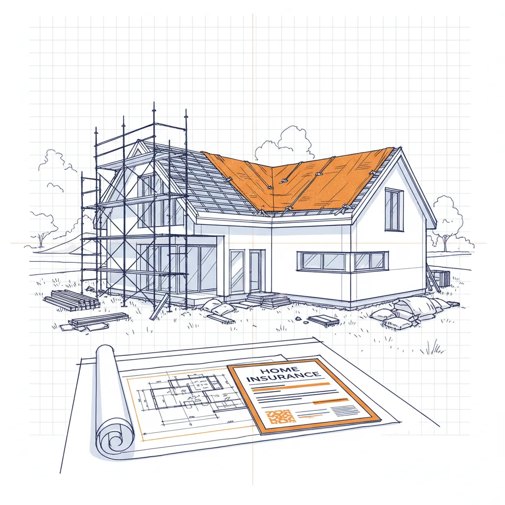 Residential home under renovation with scaffolding, protective tarp. Blueprint and insurance document on table.