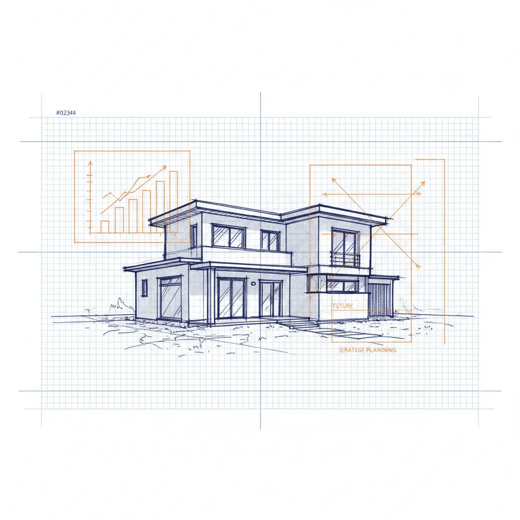 Modern home on blueprint grid with financial charts and planning lines, symbolizing risk management strategy.