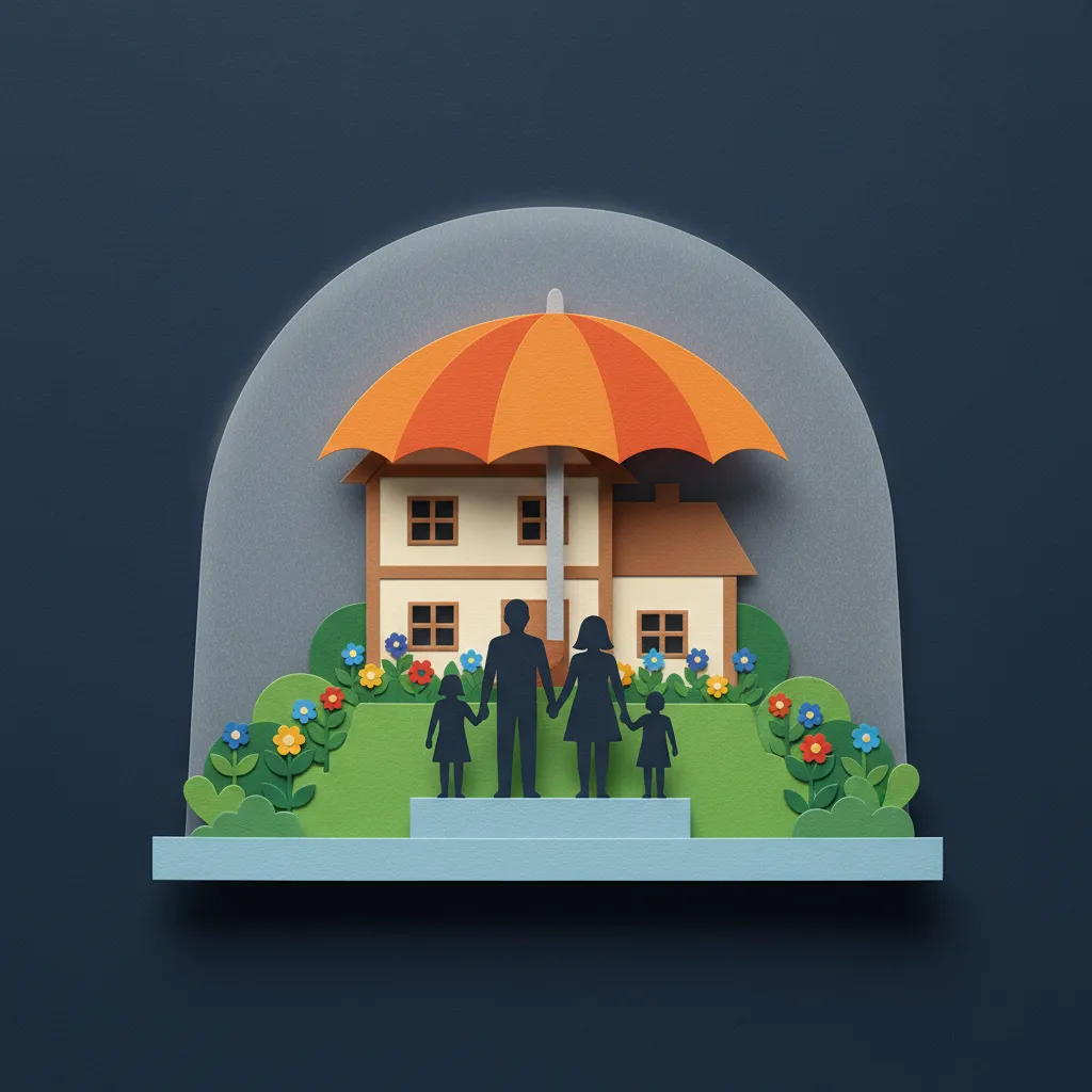Family stands confidently before their protected home, symbolizing life insurance and financial security.