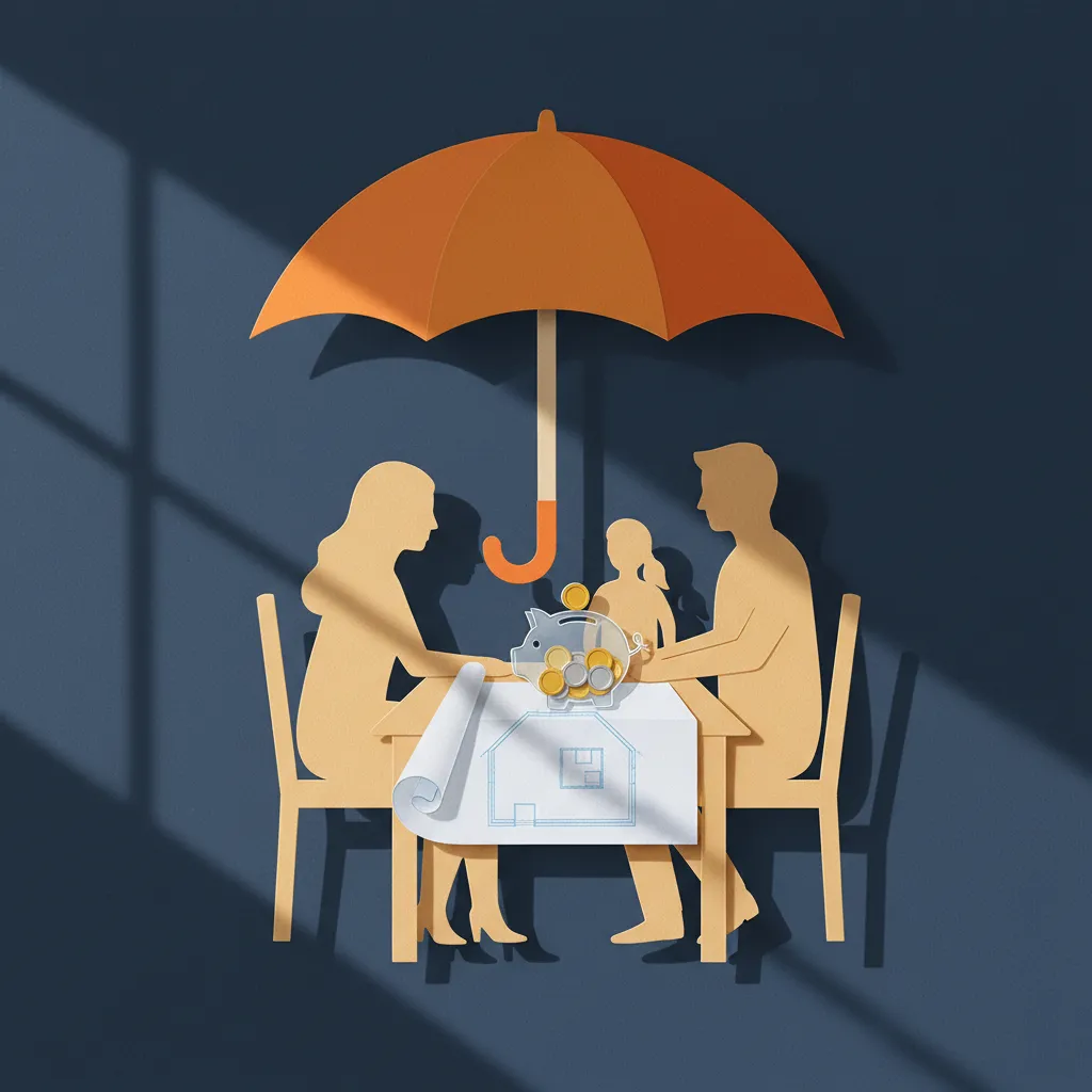 Family at table with house blueprint and piggy bank, symbolizing personal capital growth and financial planning.