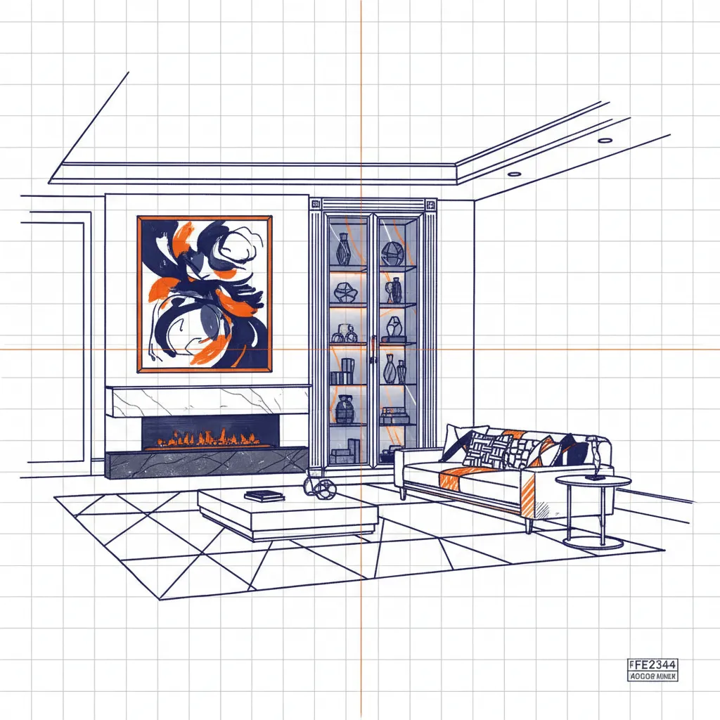 Luxurious living room with abstract art, fireplace, and illuminated display cabinet for collectibles.