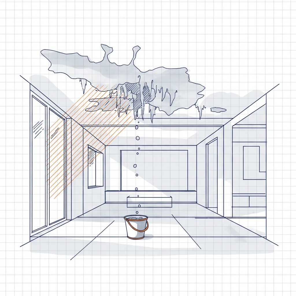 Interior of a home with ceiling water damage, stains, and peeling paint from a leaking roof, bucket catching drips.