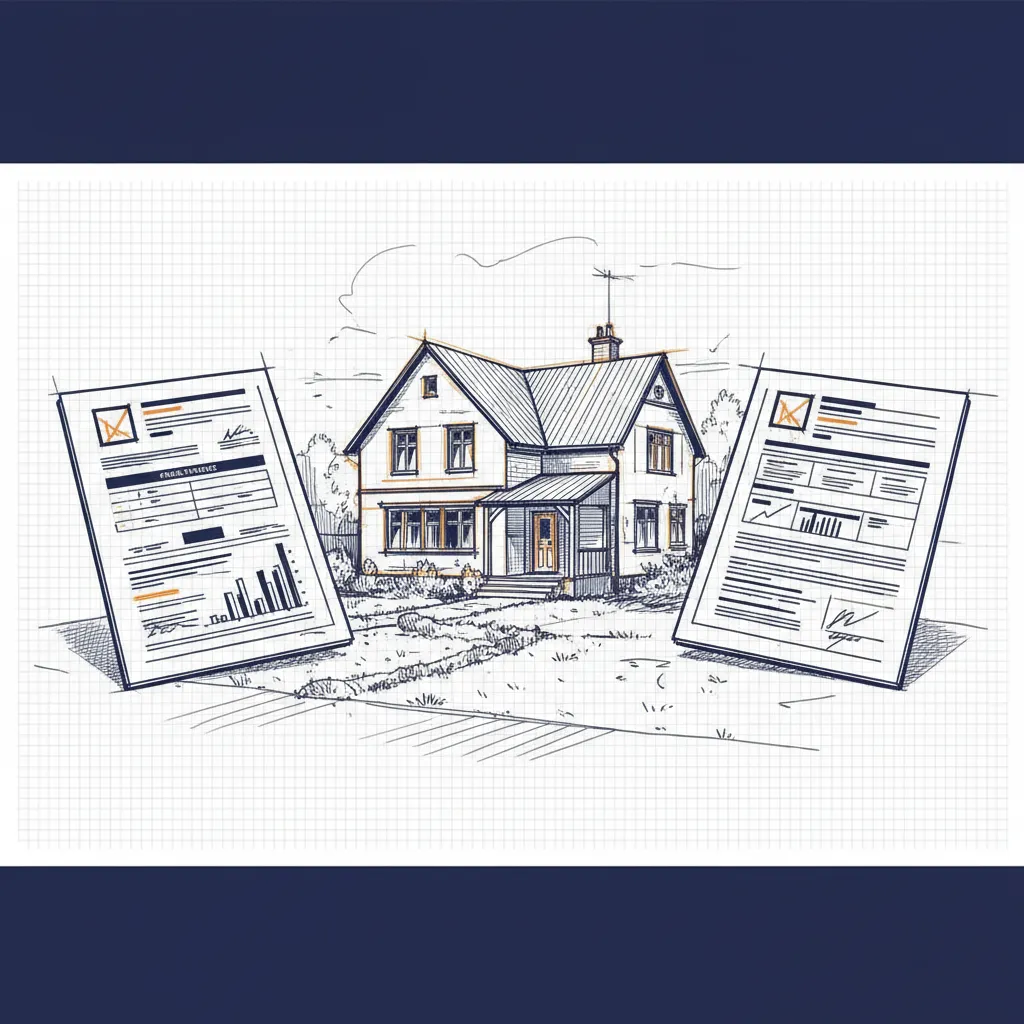 Classic two-story home with open policy documents comparing Legacy Group vs. National home insurance.
