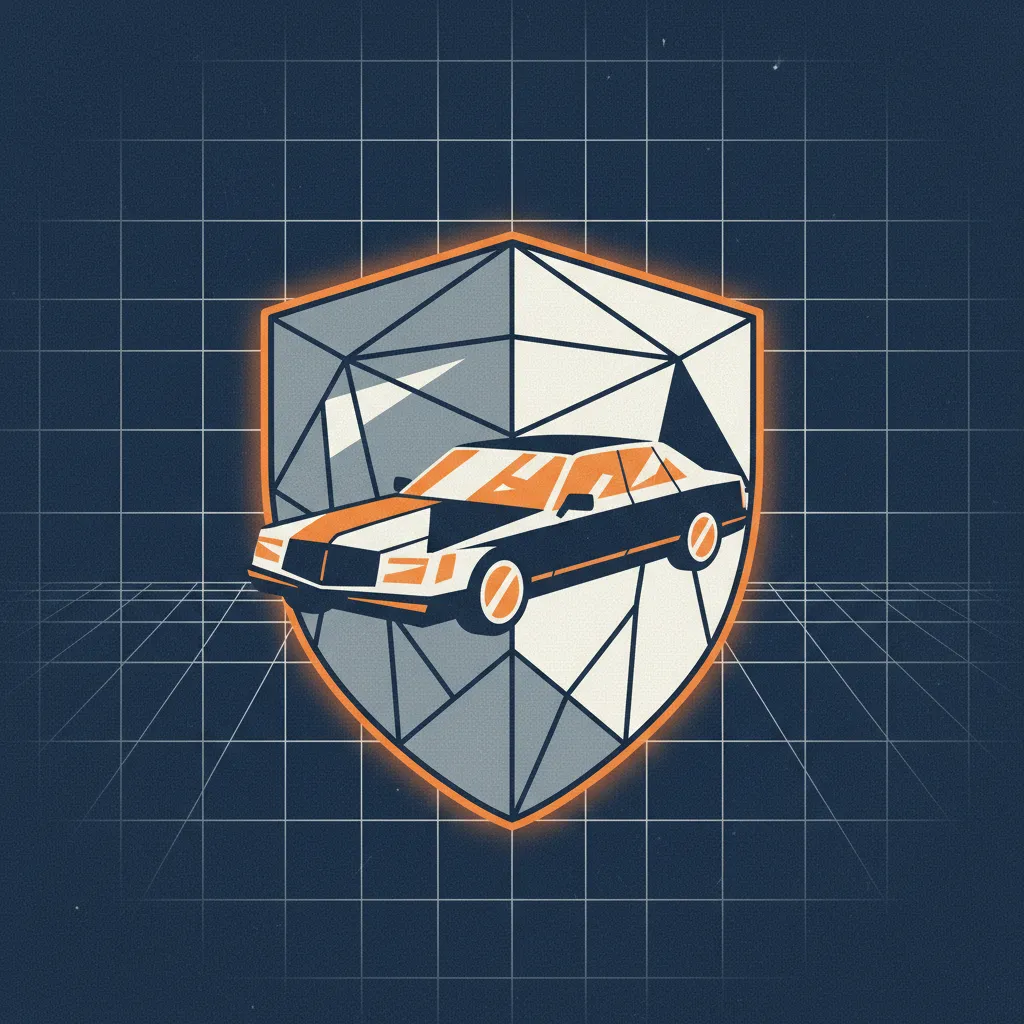 Luxury sedan on a blueprint grid, protected by a shield, symbolizing total asset protection.