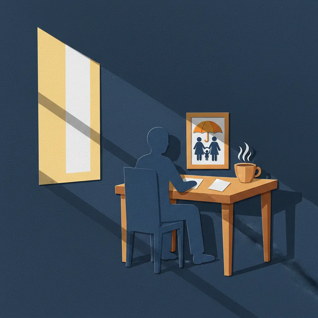 Person reviewing life insurance policy documents at a home desk with a family photo nearby, bathed in sunlight.
