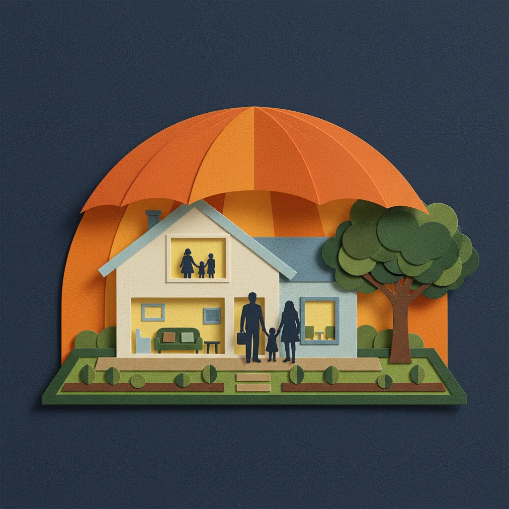 Modern house under a clear protective dome with a family inside, representing financial security and home protection.