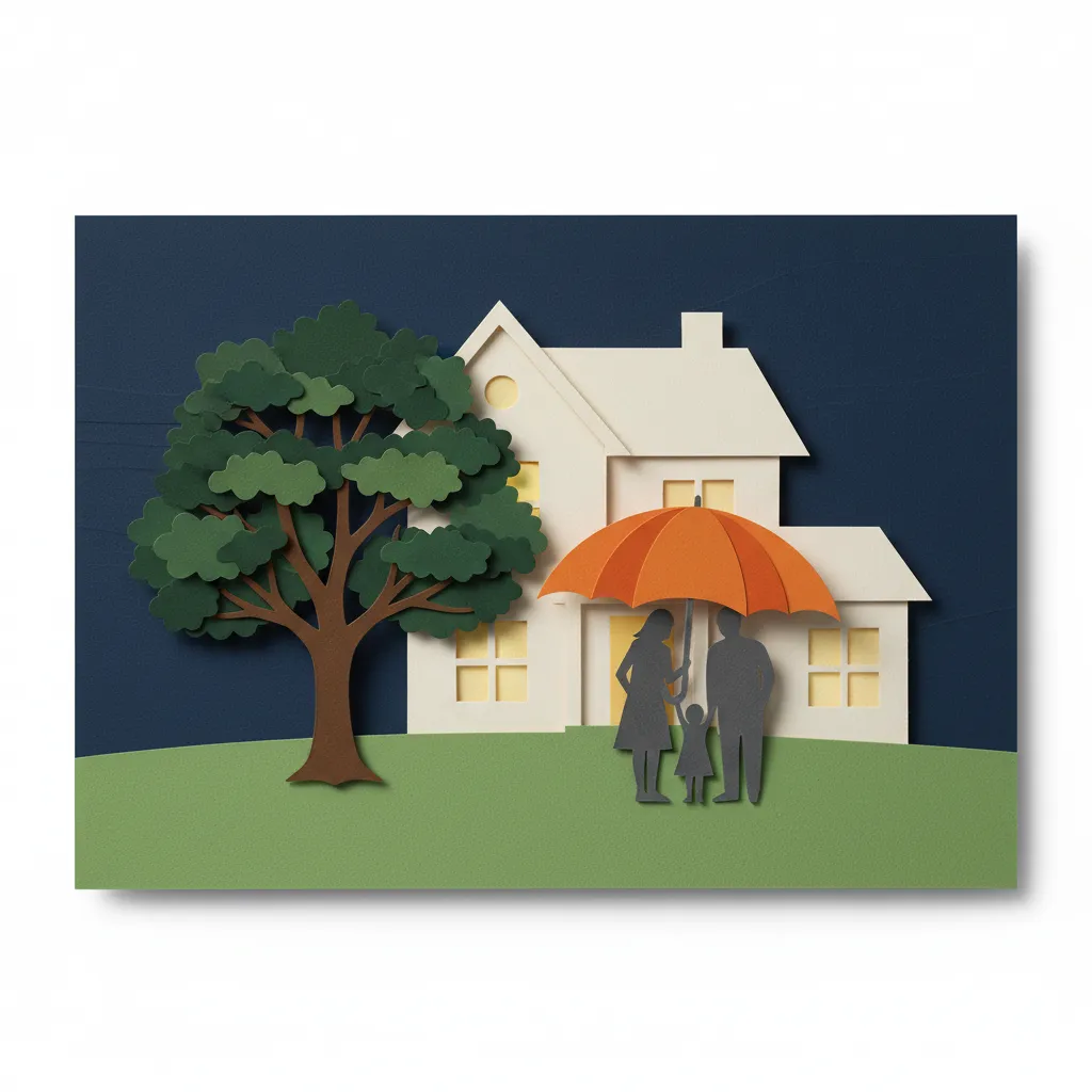 Inviting two-story family home at dusk, with warm lights and a sturdy oak tree, symbolizing a secure legacy.