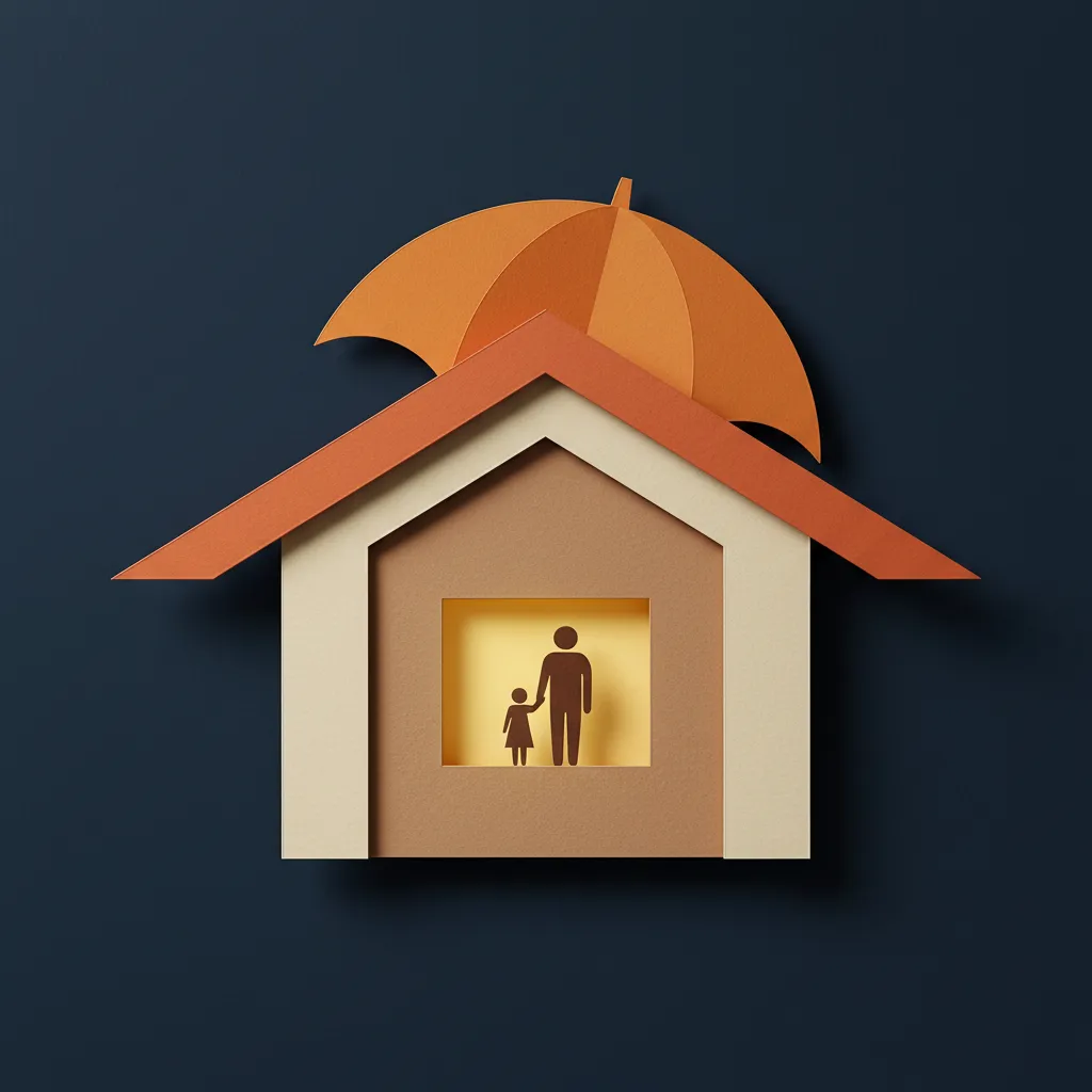 A modern home with warm light and silhouettes of a single parent and child, symbolizing a secure family foundation.