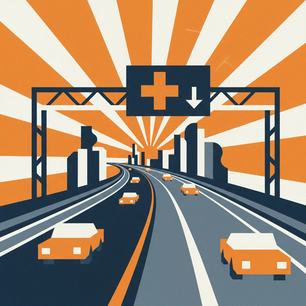 A car driving on a multi-lane highway with an overhead sign for a nearby hospital exit.