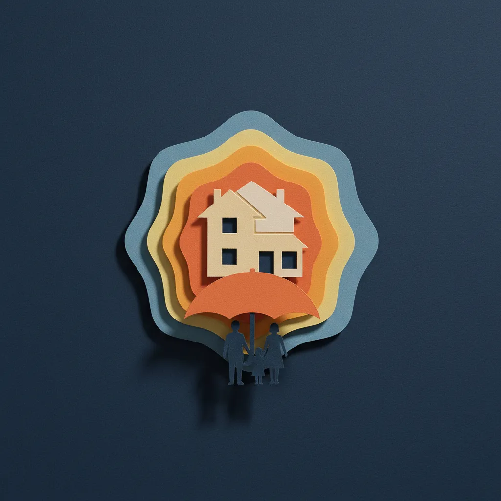A warm family home with multiple transparent protective layers surrounding it, symbolizing layered life insurance.