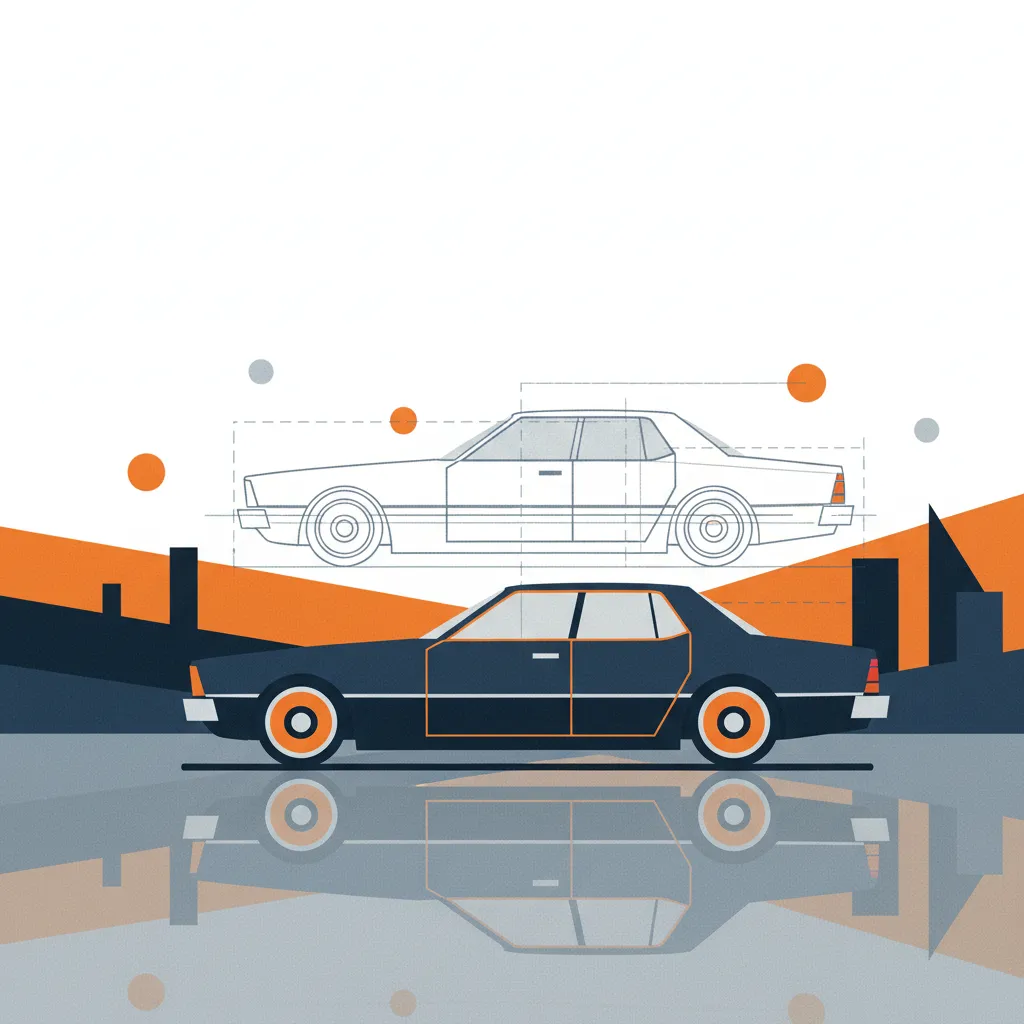 New car with an overlay of blueprint lines, symbolizing asset protection and replacement coverage.