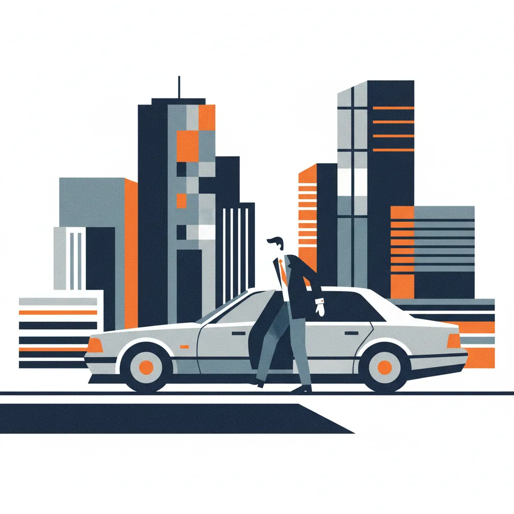 Urban professional exiting a modern sedan on a city street, representing non-owner car insurance needs.