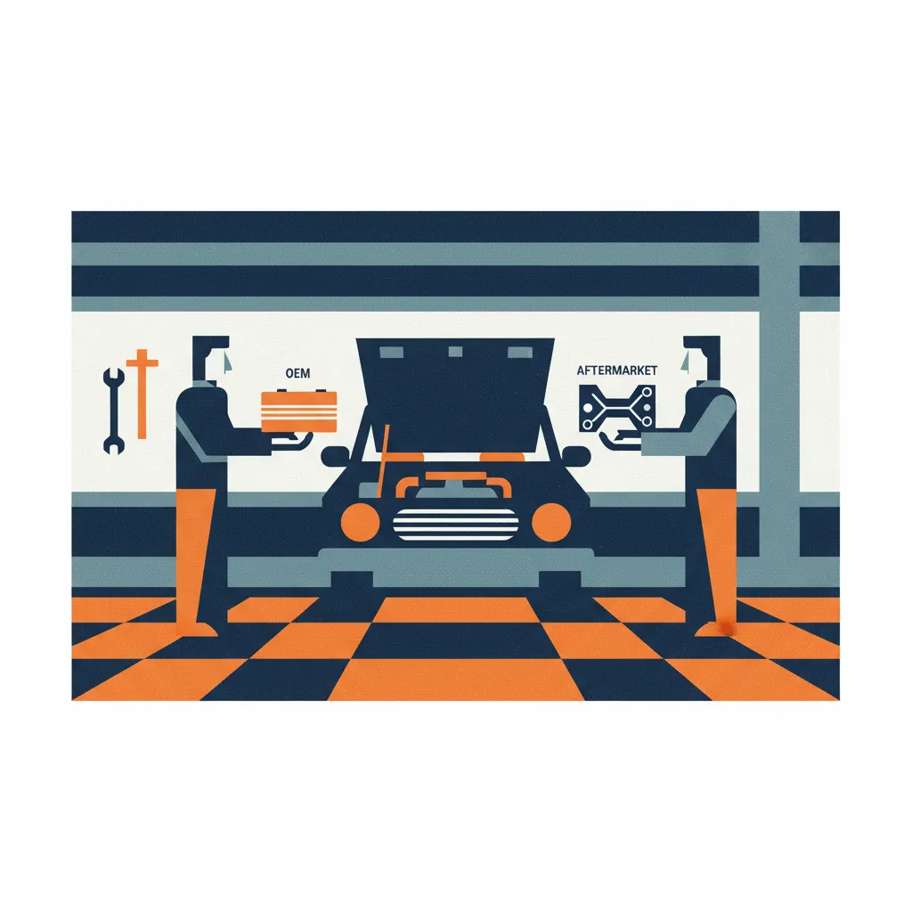 Mechanic shows car owner OEM and aftermarket auto parts, highlighting a critical insurance decision.