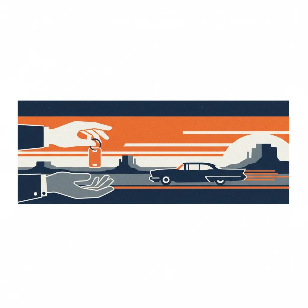 A car owner hesitantly passing car keys to another person with a car driving away under a Texas sky.