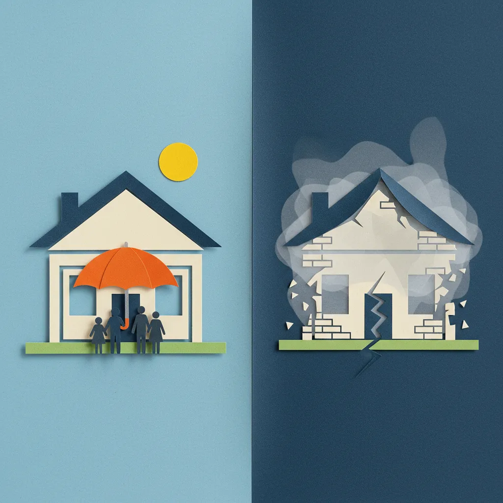 A robust home next to a structurally damaged house, subtly veiled by smoke, illustrating smoking's effect on life insurance.