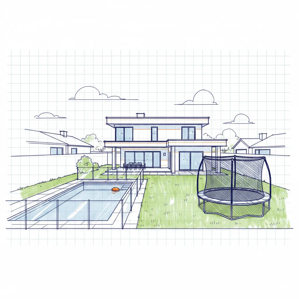 A backyard with a fenced swimming pool and netted trampoline, representing attractive nuisance liability.