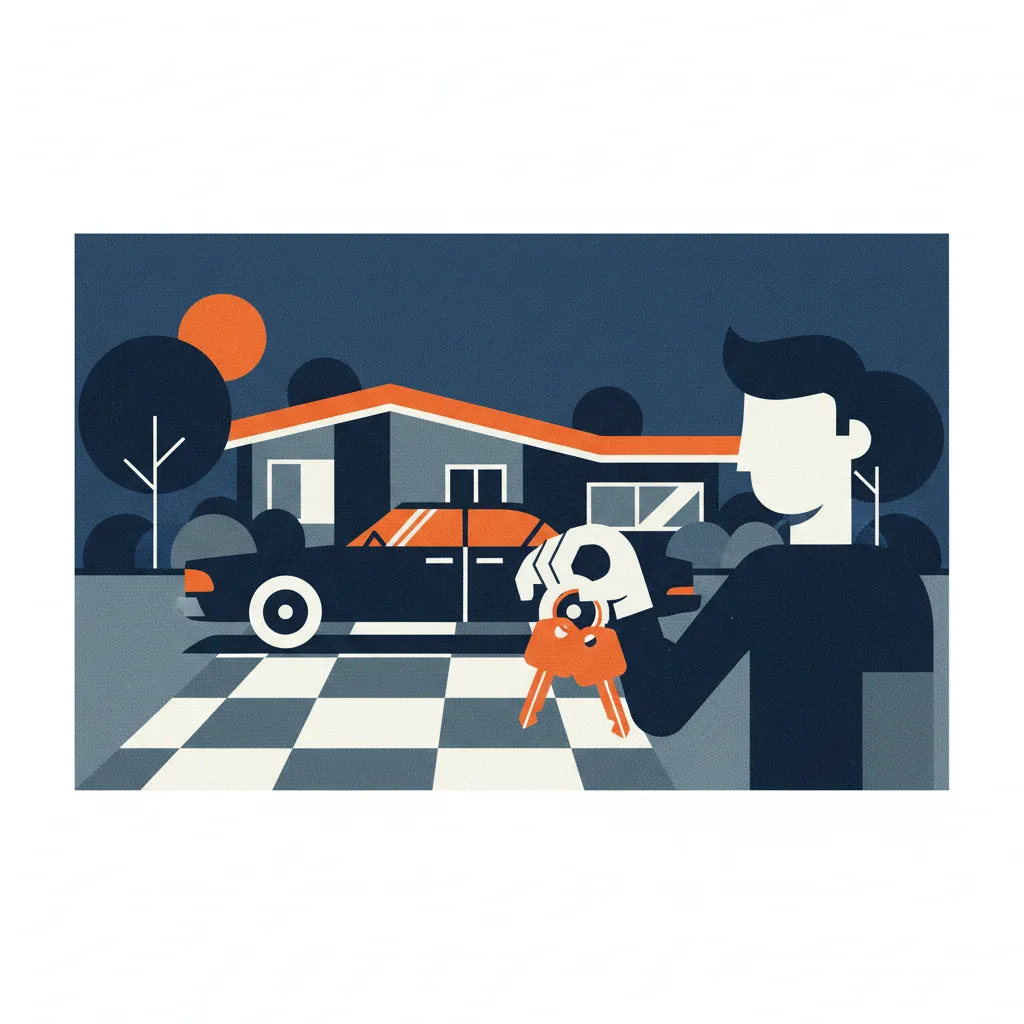 Teen driver holding car keys next to a modern sedan in a driveway, suburban home background.