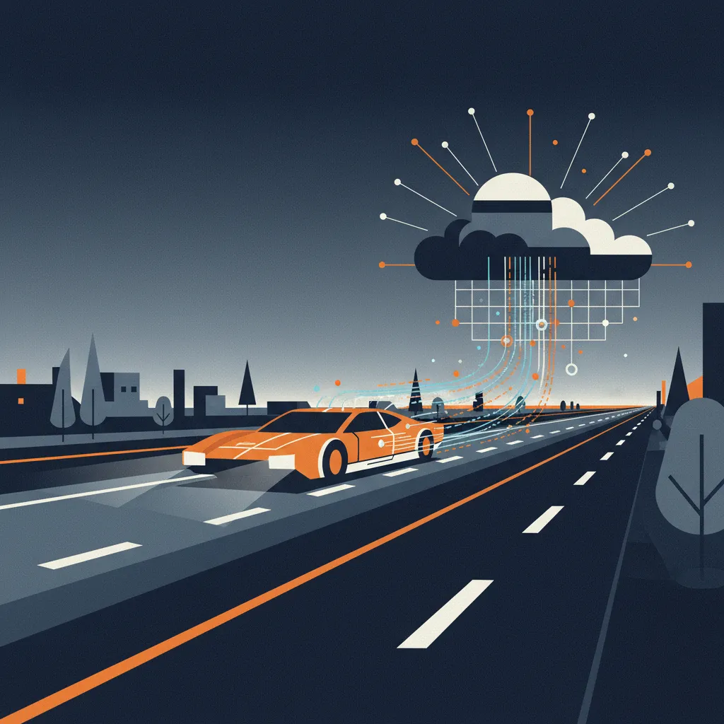 Modern car on highway with digital data streams flowing to a network cloud, representing telematics.