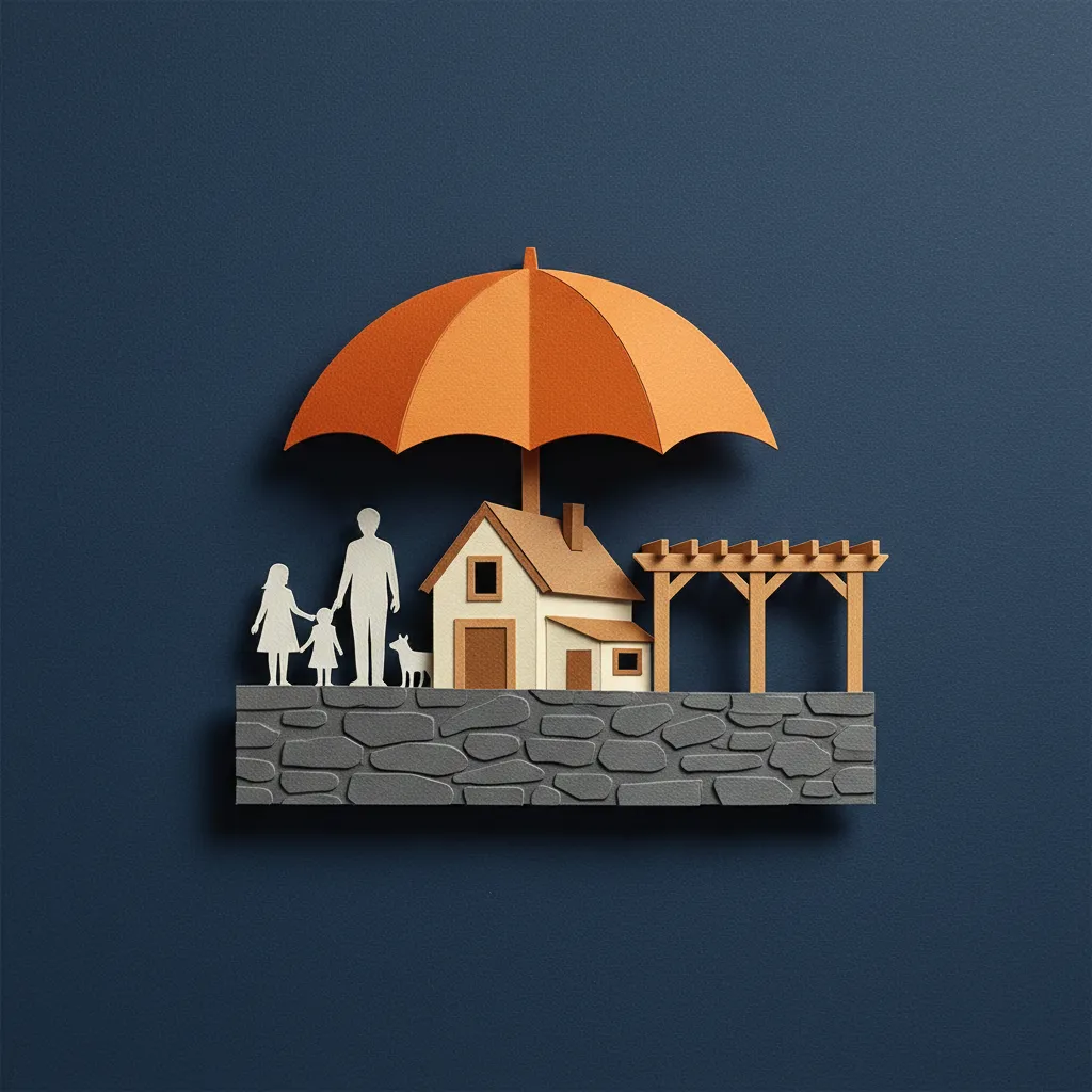 Charming family home with a strong stone foundation and a robust wooden pergola, symbolizing life insurance choices.