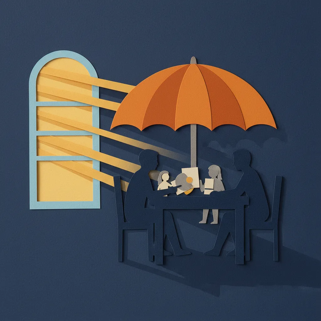 Couple at dining table in a warm home, discussing financial documents and future life insurance strategies.