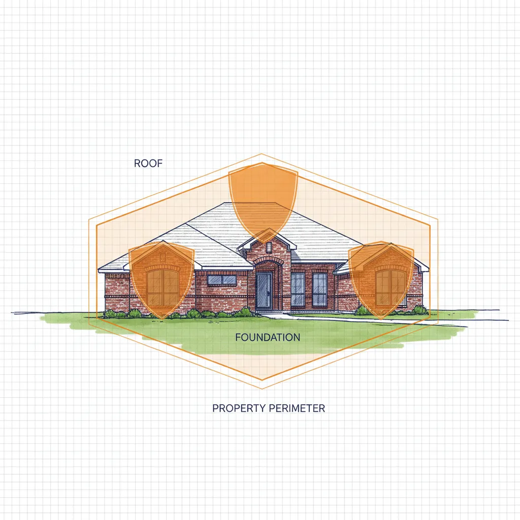 Texas brick home with layered transparent shields symbolizing comprehensive home insurance coverage.