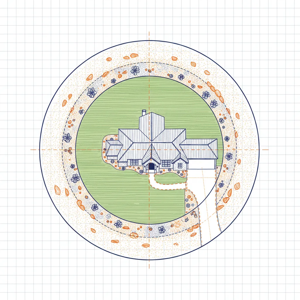 Elevated view of a Texas home with defensible space, showing fire-resistant landscaping for wildfire mitigation.